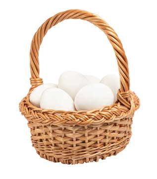 white chicken eggs in a basket isolated on white. handmade basket. the entire image in sharpness.