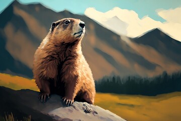 jour de la marmotte. illustration d'une marmotte sur un rocher juste après son hibernation - illustration ia - obrazy, fototapety, plakaty