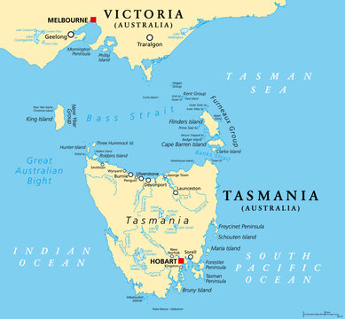 Tasmania and the surrounding area, political map. Australian island state with capital Hobart, south of state Victoria and of Australian mainland, encompassing island Tasmania and surrounding islands.
