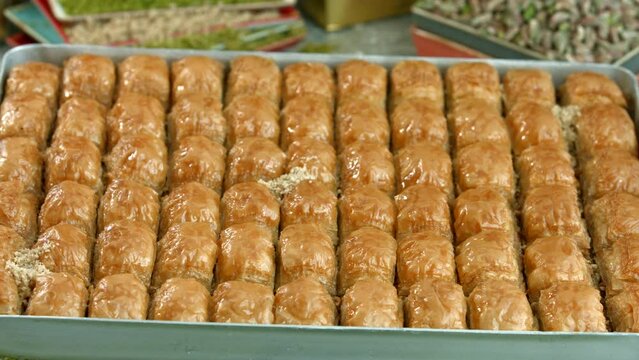 Traditional turkish baklava pistachio pastry. Dilberdudagi, ozel kesim baklava, cikolatali baklava, fistikli baklava, katmer, fistikli kadayif, kattafi, fistik sarma, soguk baklava, midye baklava, cev