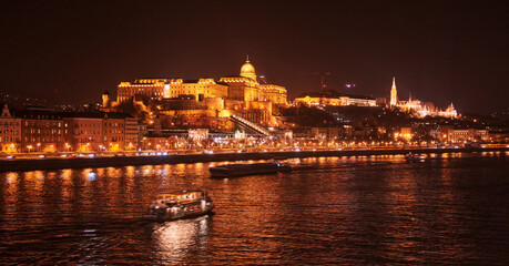Scenic view of the beautiful Hungarian capital city of Budapest seen during the night