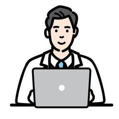 ラップトップの前で笑顔の白衣を着た若い男性医師
