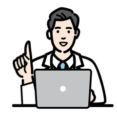 ラップトップの前で笑顔で人差し指を立てて提案をしている白衣を着た若い男性医師
