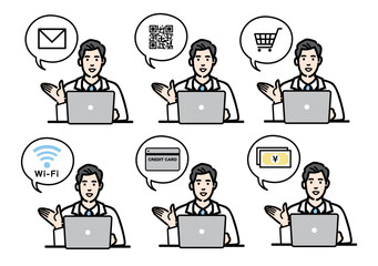 ラップトップの前で説明をしている白衣を着た若い男性医師のセット
