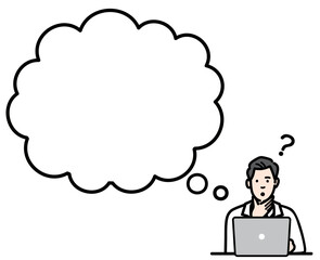 吹き出し　ラップトップの前で考えている白衣を着た若い男性医師
