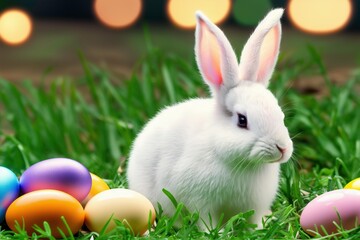 Fototapeta premium photo of cute rabbit bunny next to colored eggs