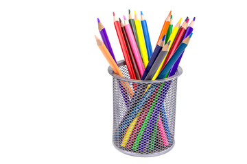 A set of color pencils in a cup isolated on a white background. Copy space. A School stuff.Drawing supplies