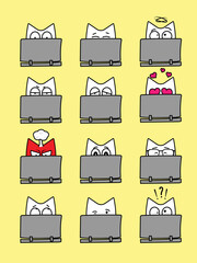 Set of emojis, cat behind a computer