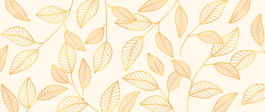 Bright golden botanical abstract wallpaper with leaves and branches. Vector golden leaves, vector art background made by hand. Design for prints, home decoration, fabric and cover design.