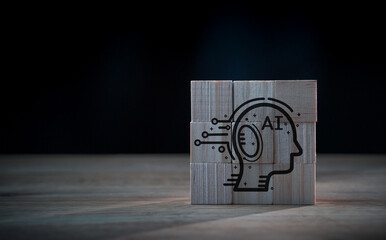 Background concept wood block with ai artificial intelligence technology, machine learning, brain digital network communication, computer science futuristic, cloud computing, icon wooden cube on table