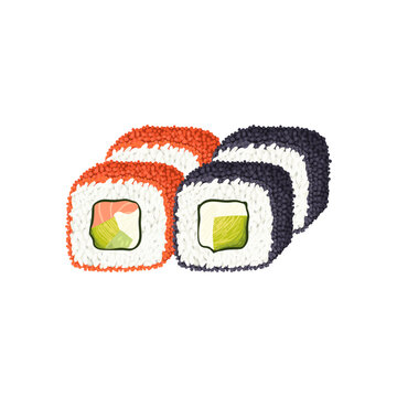 recommend clip art: California sushi rolls with avocado, cream cheese and salmon in red and black caviar. Vector clipart.