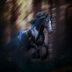 Horse in forest, created with Generative AI technology.