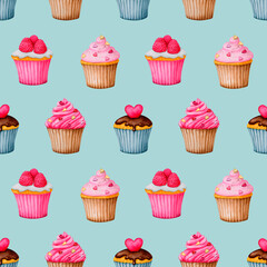 Seamless pattern with cupcakes on a blue background. Watercolor design for Valentine's Day, Birthday, Wedding, Anniversary. Ideal for printing on packaging, wrapping, stationery, fabrics, textiles..