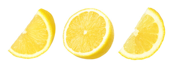 half ripe lemon and slices isolated, Fresh and Juicy Lemon, transparent png, cut out.