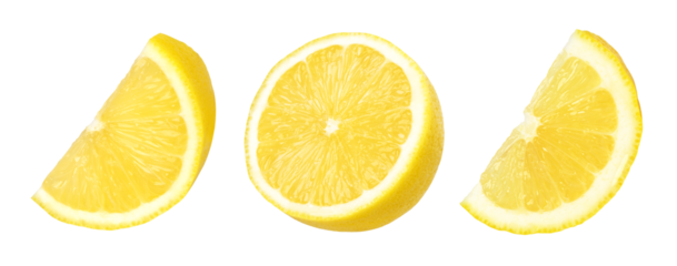 half ripe lemon and slices isolated, Fresh and Juicy Lemon, transparent png, cut out.