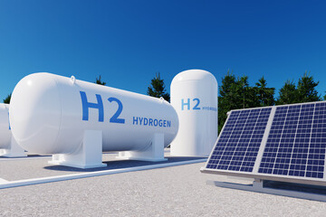 solar energy panels and h2 hydrogen tank on the ground, 3d rendering