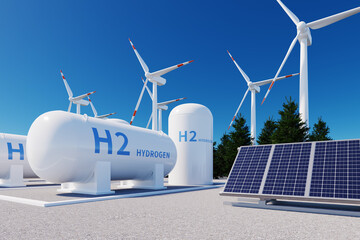 h2 hydrogen tank, solar panels and wind power turbines, 3d rendering - obrazy, fototapety, plakaty