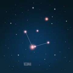 Obraz na płótnie Canvas Constellation scheme in starry sky. Open space. Vector illustration Norma constellation through a telescope