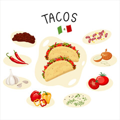Vector illustration of tacos mexican cuisine dish with ingredients.