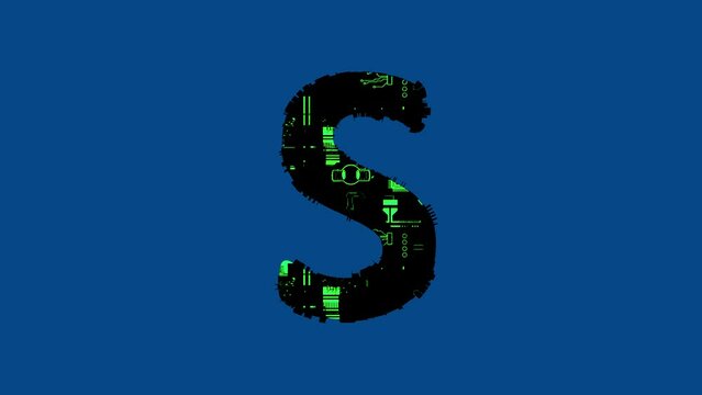 letter S - technologic cyberpunk font with green highlight, isolated - loop video