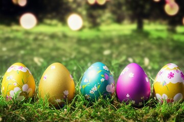 Photo of colored easter eggs laying in grass outside