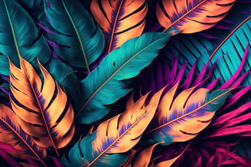 Colorful of tropical palm leaves pattern background. Retro tone color style. Generative AI