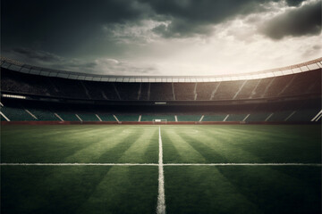 Soccer field inside large stadium, green grass, generative ai