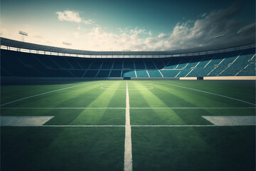 Soccer field inside large stadium, green grass, generative ai