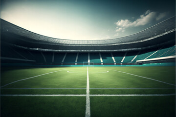 Fototapeta na wymiar Soccer field inside large stadium, green grass, generative ai
