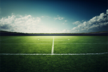 Soccer field inside large stadium, green grass, generative ai - obrazy, fototapety, plakaty