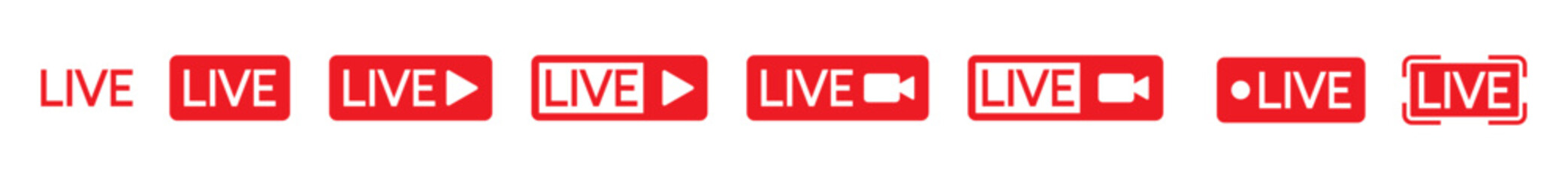 Live streaming icons set. Play button, camera video live broadcasting for blog, television, movies, shows, news and various video content. Live streaming red buttons stock vector, symbol illustration