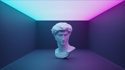 neon room background with greek statue of david bust, ceiling gradient blue and pink light, empty, dark concrete floor, technology, vaporwave concept, clean 3D Rendering. 