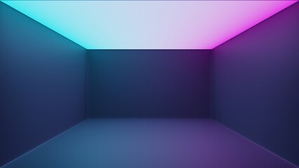 neon room background, ceiling gradient blue and pink light, empty, dark concrete floor, technology, vaporwave concept, clean 3D Rendering.