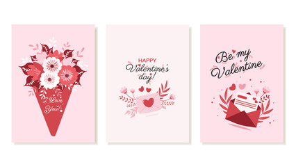Set of romantic Valentine's Day cards. February 14, festive greeting card, with bouquet, envelope, love message. Vector illustration.