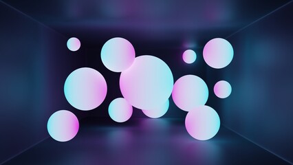 Floating glowing spheres, neon room background with gradient blue and pink lights, empty, dark concrete floor technology concept, clean 3D Rendering.