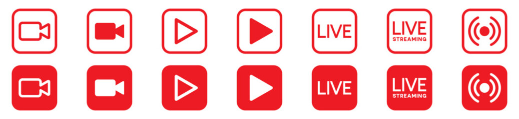 Live streaming icons set. Play button, camera video live broadcasting for blog, television, movies, shows, news and various video content. Live streaming red buttons stock vector, symbol illustration
