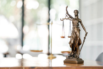 Legal and law concept. Statue of Lady Justice with scales of justice on wooden table. Panoramic...