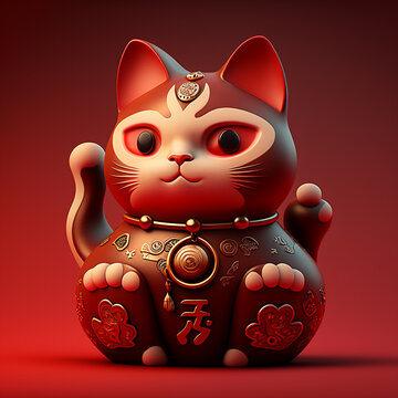 Chinese cat on a red background. Generative AI.