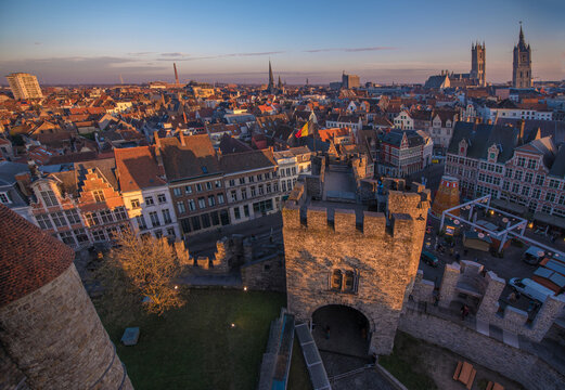Cityscape with old buildings at sunset