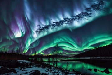 Obraz premium Photo of northern lights at night with tree silhuette and a winter landscape and a lake