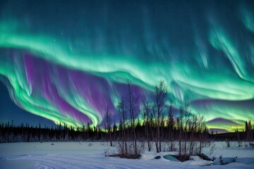 Photo of northern lights at night with tree silhuette and a winter landscape