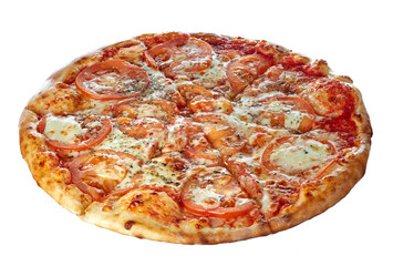 Large delicious pizza isolated on a white background. One hundred percent sharpness.