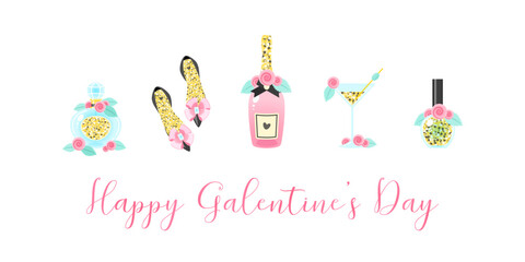Happy Galentine's Day card template. Beautiful illustration of a fragrance bottle, shoes, a champagne, a cocktail glass and a nail polish on a white background. Vector 10 EPS. - obrazy, fototapety, plakaty