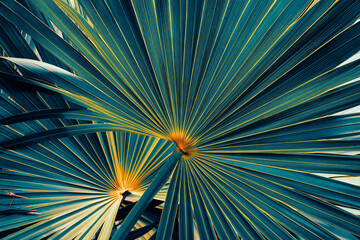 tropical palm leaf, abstract blue background