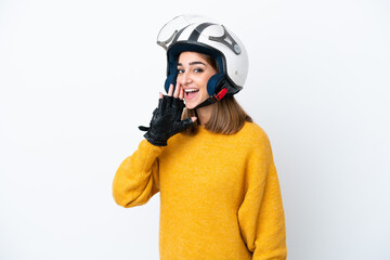 Young caucasian woman with a motorcycle helmet isolated on white background shouting with mouth wide open to the side