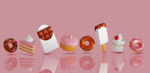 Unhealthy sweet food. Donuts, cake, cupcake, chocolate, tart and ice-cream on pink background. 3D render - obrazy, fototapety, plakaty