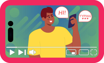 person with a smile and texting on the phone. Video player on the smartphone. Small head big body