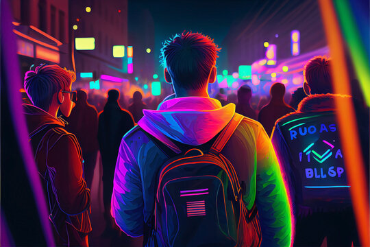Gay lgbtq teen. Gayfriendly with the rainbow flag full of color. Ai generated. A young man with a backpack and sweatshirt at a gay rights demonstration illuminated by rainbow colored lights.