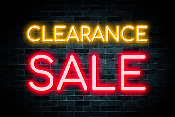 Clearance Sale neon banner on brick wall background.