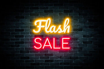 Flash Sale neon banner on brick wall background.